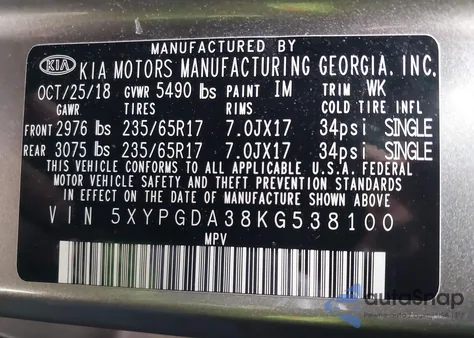 2019 Kia Sorento 2.4L Lx z USA, uszkodzony, nr VIN 5XYPGDA38KG538100